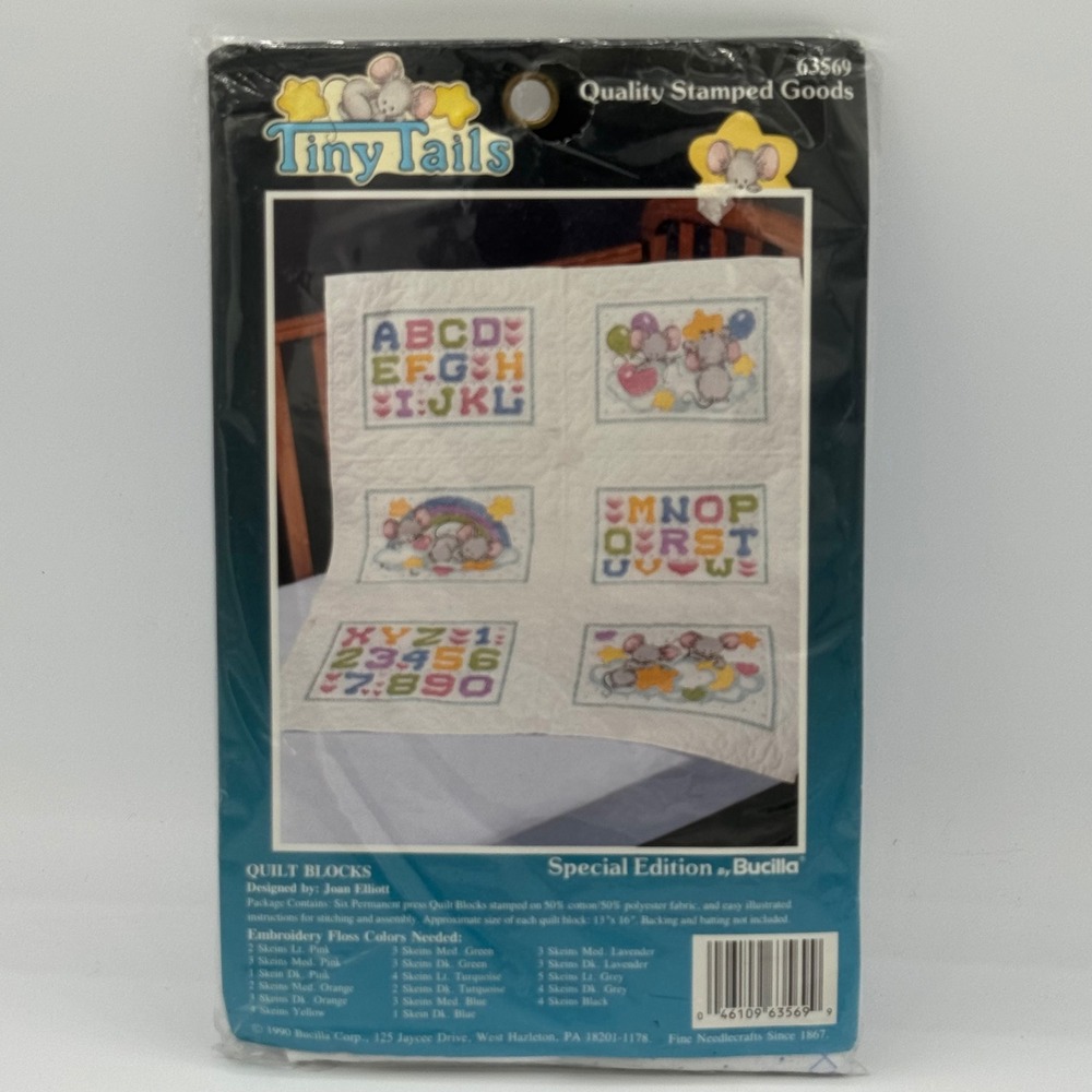 Vintage 1990 Bucilla Tiny Tails Stamped Quilt Blocks Joan Elliott Mice 63569